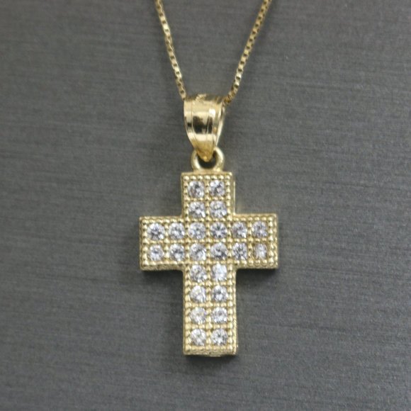 14kt White Sapphire Cross Pendant with 14kt Hollow Box Chain